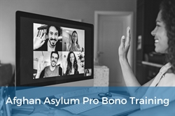 [ai] A person waving at a group of people on a video call displayed on a computer screen. The chat participants are smiling and engaged in conversation. A banner at the bottom reads 'Afghan Asylum Pro Bono Training.'